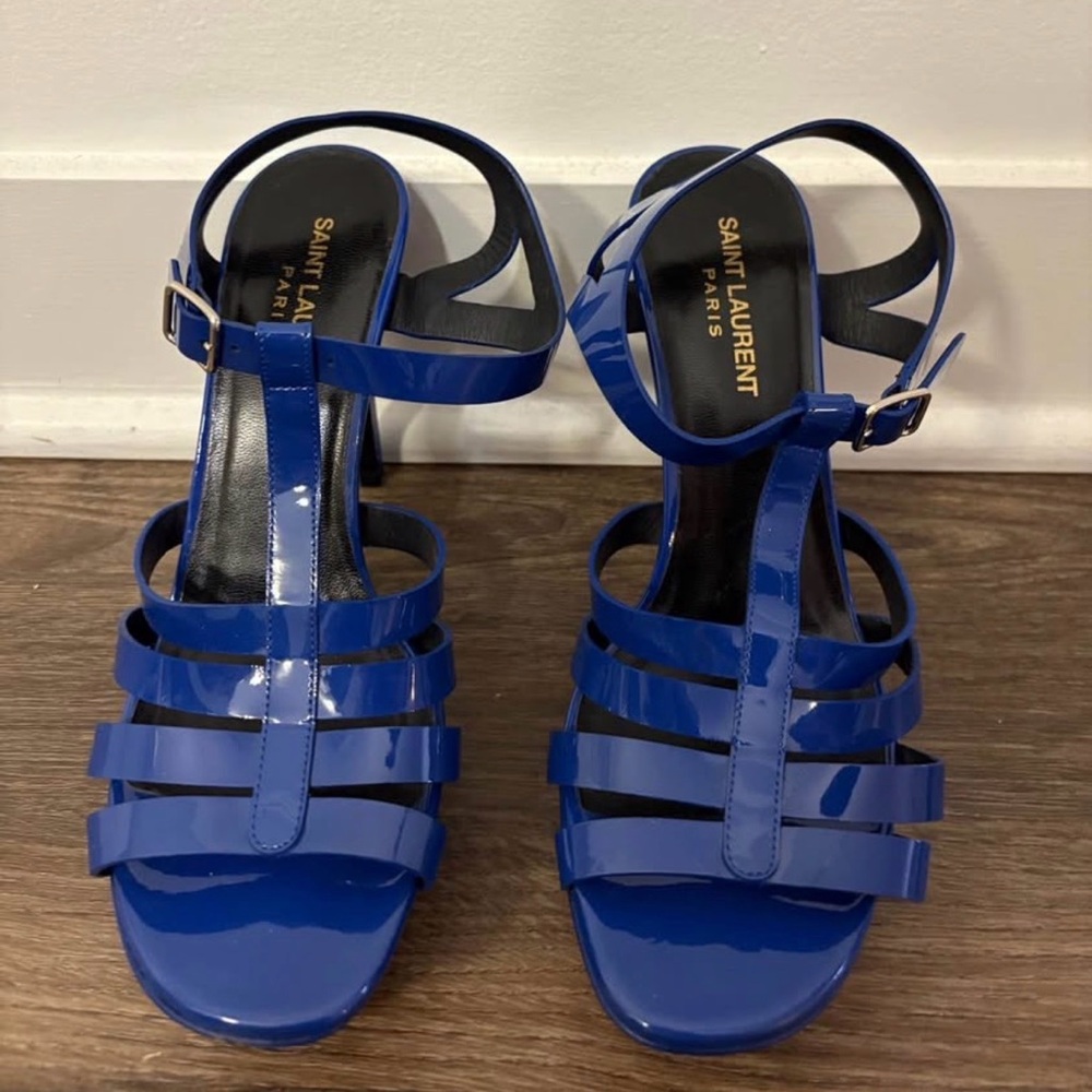 YSL Saint Laurent Leather Cutout Accent T-strap Heels